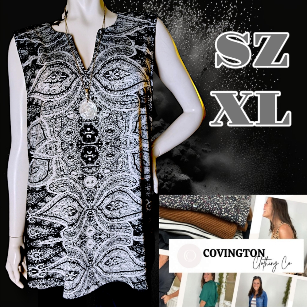 COVINGTON Patterned Sleeveless V-neck Tunic in Black & White Tones Comfy Sz XL